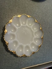 Vintage Anchor Hocking White Milk Glass Deviled Egg Dish Plate Platter Gold Rim