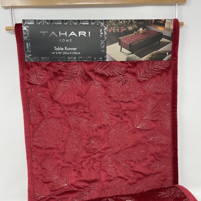 Tahari Home Christmas Holiday Table Runner Quilted 14X90 Red, Pine Cones