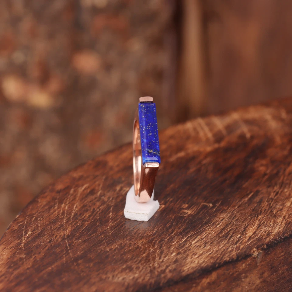 Anillo rectangular barra lapislázuli piedras preciosas plata 925 oro chapado en oro anillo para mujer Foto 3 de 4