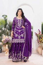 Designer Heavy Chinnon Silk Purple Palazzo Suit With Dupatta For Women  Girls