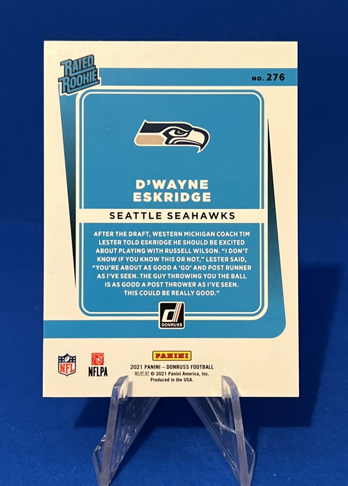 2021 Panini Donruss D’Wayne Eskridge Blue Press Proof Rated Rookie Card #276 RC - Image 2 of 2