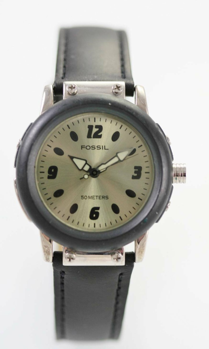 Fossil Watch Mens Green 50m Black Leather Stainless Steel Silver