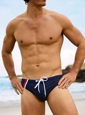 Navy Blue w/ Stripe Accents & Drawstring Men's Swim Briefs. Sz Large 34"-36"