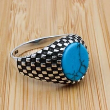925 Sterling Silver Turquoise Gemstone Signet Handmade Ottoman Mens Rings #388