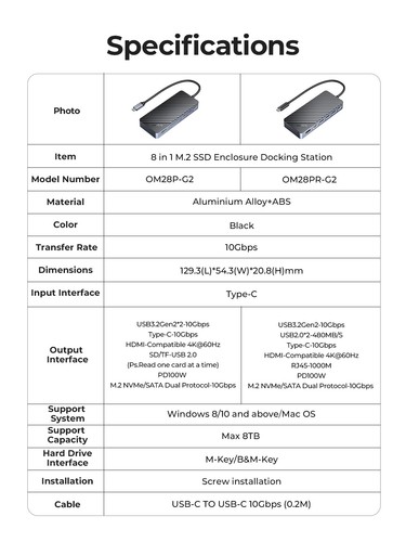 ORICO USB C HUB w/ M.2 SSD Enclosure 8 in 1 Docking Station 4K 60Hz HDMI PD100W - Picture 7 of 11