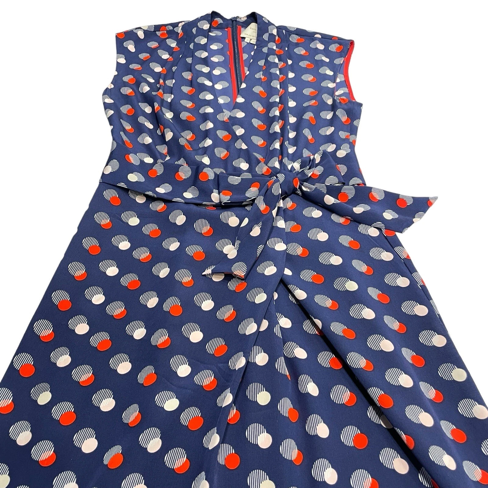 Abito blu seta Kate Spade New York con pois rossi e bianchi con fiocco taglia 2