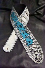 Guitar strap leather tooled all hand made in USA custom design 4" new blk/wht