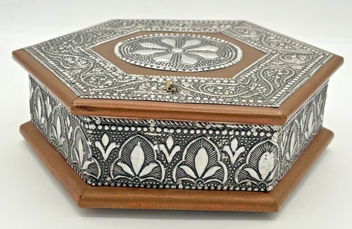 Vintage Embossed Silver Copper & Metal Hexagonal Trinket Box 4 Compartment