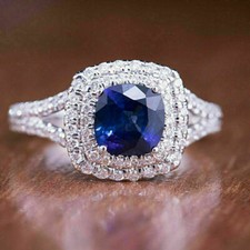 2.90Ct Blue Cushion Cut CZ Halo Engagement Wedding Ring In 925 Sterling Silver