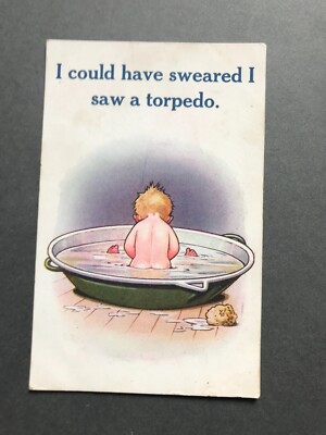 Vintage Bamforth Comic Postkarte Kleiner Junge in Bath / Ich schwöre, ich habe einen Torpedo gesehen