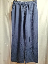CHARTOU Collection Linen Blend Pant Sz L Blue Elastic Waist Wide-Leg Beach Vacay
