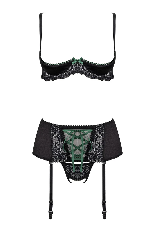 Dessous-Set Mistra schwarz Ouvert BH Strumpfgürtel String Strapse S M L XL XXL - Bild 3 von 4
