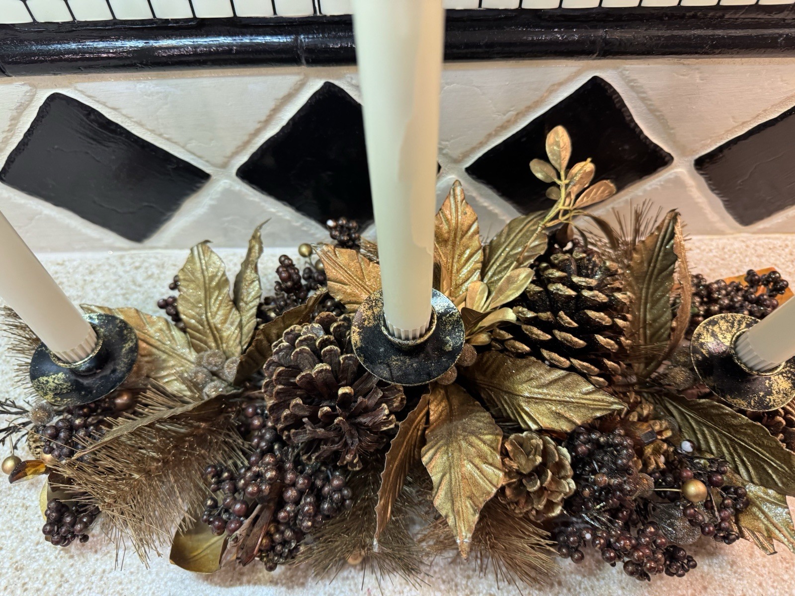 Christmas Candle Holder Table Centerpiece  Sparkly Gold Pinecones & Poinsettias