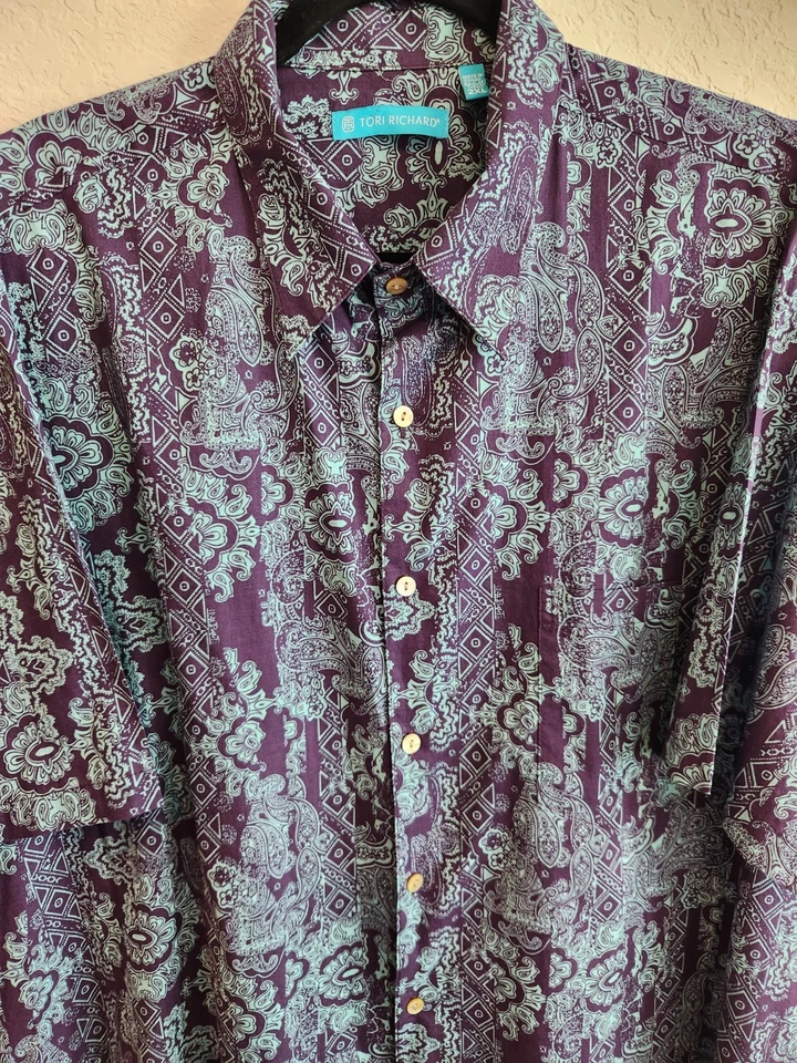 💜 Tori Richard Men’s 2XL Hawaiian Shirt Purple Aqua Paisley 100% Cotton Lawn... - Image 4 of 4