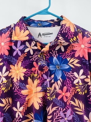 Royal & Awesome Vibrant Floral Hawaiian   Fun Print Golf Polo Top Sz Large EUC