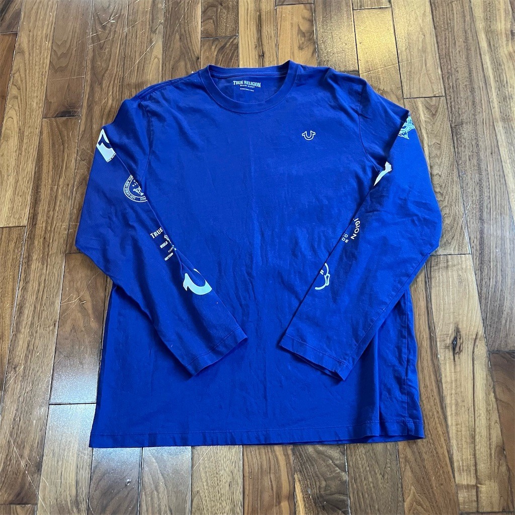True Religion T-Shirt Mens XL Blue Long Sleeve Horseshoe Logo Graphic