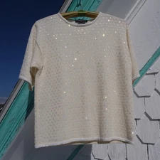 90s cream colored wool blend sweater with iridescent sequins