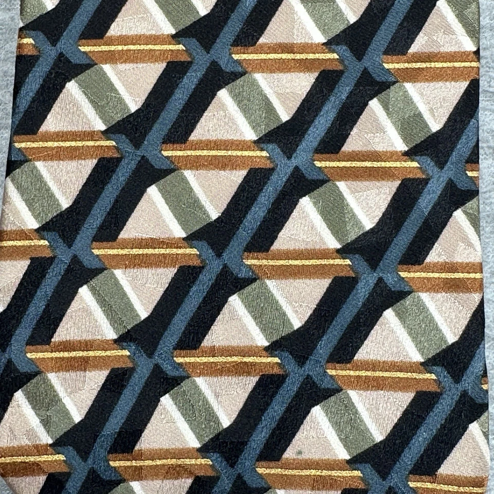 Corbata Zigurat by Mulberry Cuello Beige Azul Patrón Diamante 100% Seda EE. UU. Foto 3 de 4