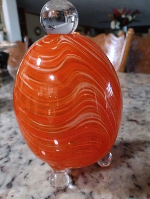 Hand Blown Glass Art FOOTED ORANGE SWIRL EGG Clear feet With Stopper