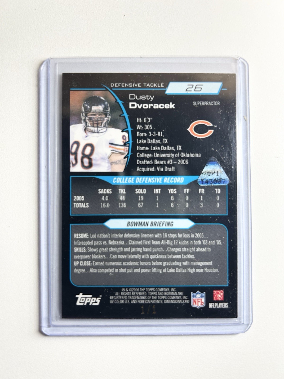 RARE Topps 2006 Bowman Chrome Dusty Dvoracek Rookie Superfractor #26 Bears 1/1 view 2