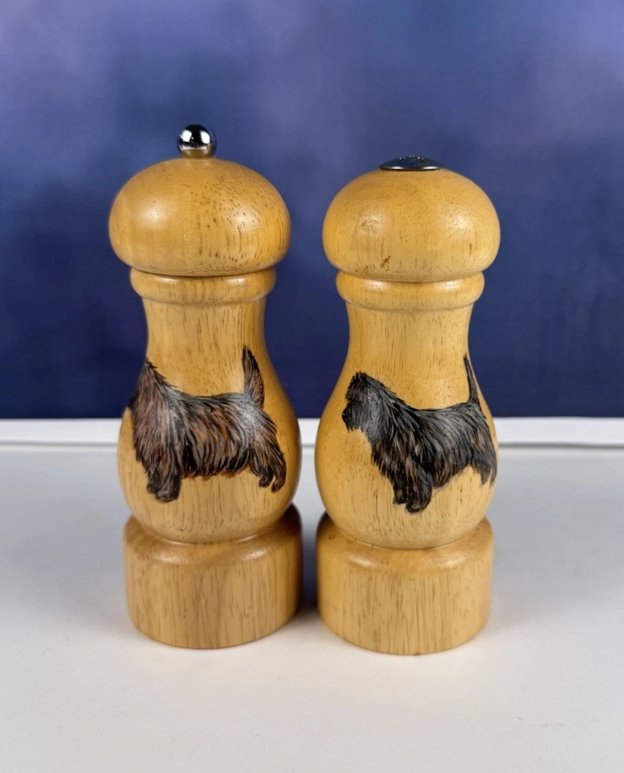 Wooden Salt And Pepper Shaker Grinder Dog Figure Terrier Solid Wood