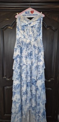 Blue White Floral Tiered DRESS Size 16 Plus EUC PROM SWEET 16 SPECIAL OCCASION 