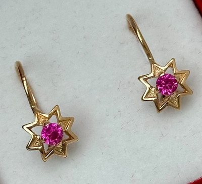 Vintage Original Soviet Rose Gold 583 14k Earrings with Ruby Lab-created 1,89 g.