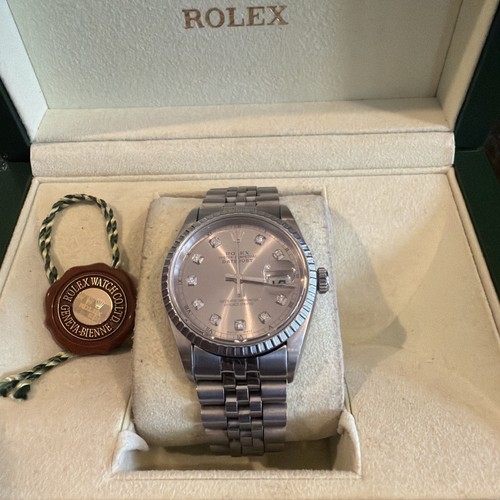 Rolex Datejust 16220 36mm Diamond Dial Engine Turned Bezel Stainless Steel