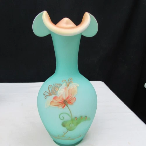 Fenton Robin's Egg Blue Nouveau Hand Painted Vase Special Order LE 2011 W1522