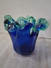 Vintage Murano ? Art Glass Wave White Crystal Vase Blue Green  ~ 5.5" X 5"