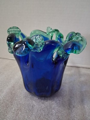 Vintage Murano ? Art Glass Wave White Crystal Vase Blue Green  ~ 5.5'' X 5''