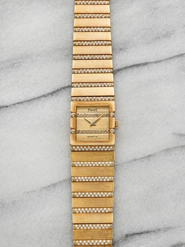 Vintage 1990s Piaget Polo 8131 C705 18K YG Staggered Diamond Dial Quartz 20mm