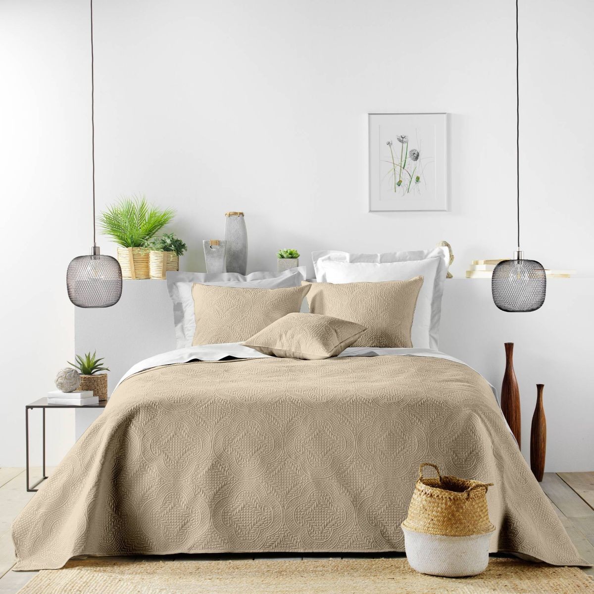 Couvre-Lit Romane Beige Lin 240x260 cm et 2 Taies d'Oreiller Assorties