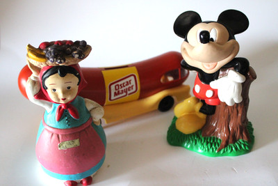 3 Coin Banks Oscar Mayer  WIENERMOBILE'' 10 , Mickey Mouse & Woman & Fruit Basket