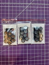 6 SETS, 24 WHEELS, 1:64 RUBBER 6 SPOKE GOLD/GREY/SIL THIN TIRES W/ AXLES