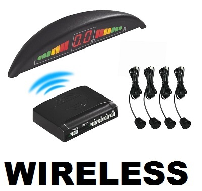 KIT 4 SENSORI DI PARCHEGGIO WIRELESS NERO CON DISPLAY ACUSTICO AUTO CAMPER SUV - Foto 1 di 6