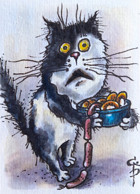 ACEO Cat Painting Funny cat eat sausages Food fat Kitten Original Watercolor Art