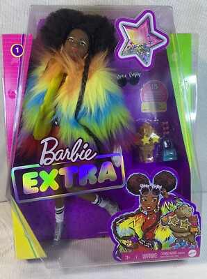 Barbie Extra Doll #1 Furry Rainbow Coat Pet Poodle Brunette Afro Puffs Jan.1,20 