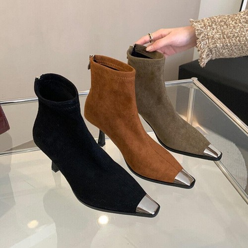 French Style Western Womens Square Toe Ankle Boots High Stilettos Heels Back Zip - Image 1