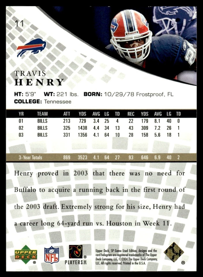2004 SP Game Used Gold Travis Henry /100 Buffalo Bills #11 - Image 2 of 2