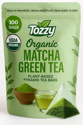 TOZZY Organic Matcha Green Tea - 100 Count (Plant-Based Pyramid Tea Bags) | Ceremonial