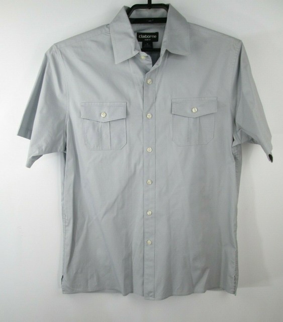 Claiborne Slim Fit Button Down Shirt Mens Sz M Solid Gray Short Sleeve