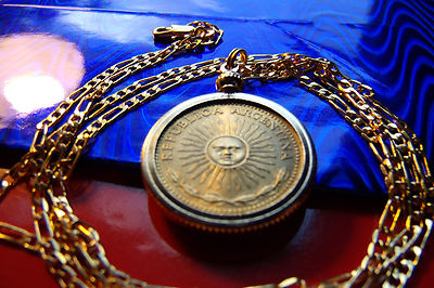Argentina Golden Sun Ray Peso Coin Pendant 20'' 18KGF Gold Fill Chain & Gift Box