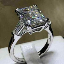 3Ct Emerald Cut Lab Created Diamond Women Engagement Ring 14K White Gold Plated
