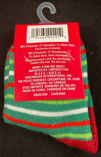 Christmas House - Santa Green Stripped Socks - Kid's Size 1-7 - Crew Socks - Picture 3 of 3