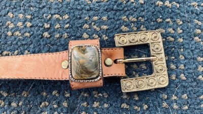 VTG Semi-Precious Stone Buckle - Real Leather Belt Vintage J Crew Multi Color Leather Belt Gem Stones Gold  main image 3
