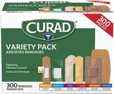 Curad Assorted Bandages Variety Pack, 300 Pieces - Antibacterial, Heavy Duty