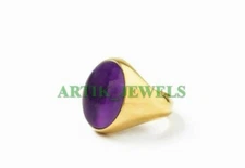 Natural Amethyst Gemstone with 14K Gold Plated Silver Ring For Men's #33