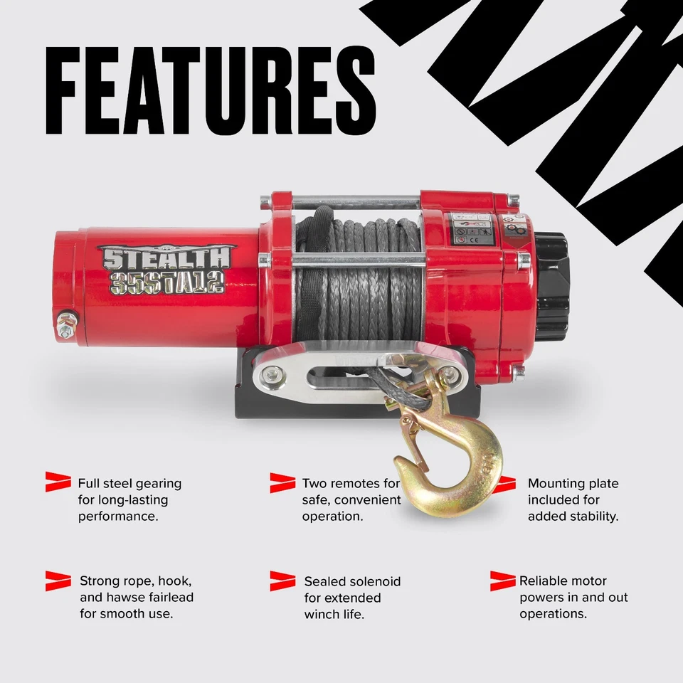 Stealth 3,500lb 12v Electric Winch - Synthetic Rope for Car Trailer ATV UTV - Image 3 of 4