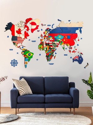FLAGGED 3D Weltkarte aus Holz Wooden World Map Country + Capital 150x90 cm